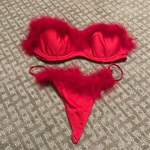NWOT Secret Treasures red bra & thong with fur